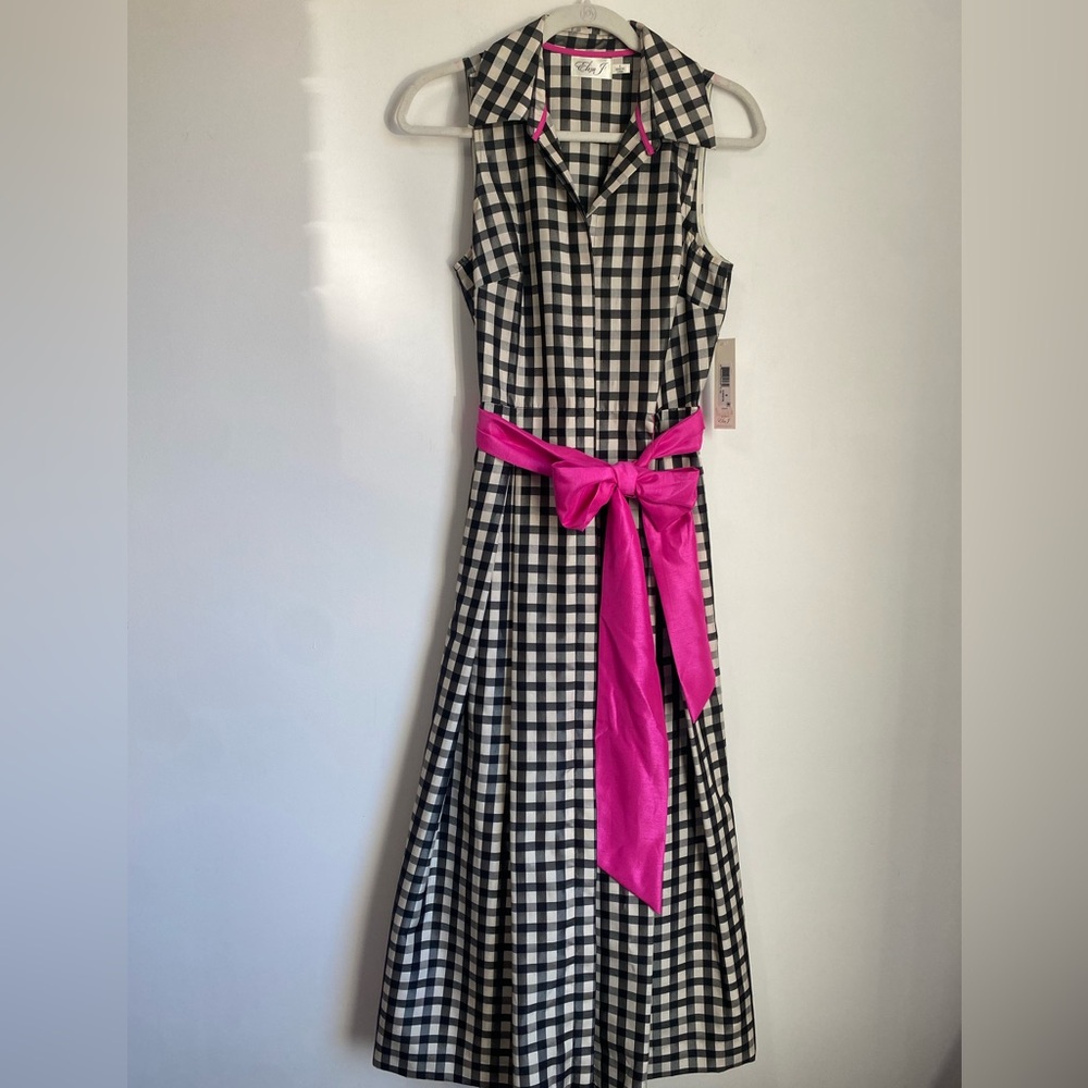 NWT Eliza J Print Gingham Tafetta Shirtdress with Pink Sash/Bow- Black/Off-White